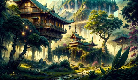 a painting of a chinese village in the middle of a forest