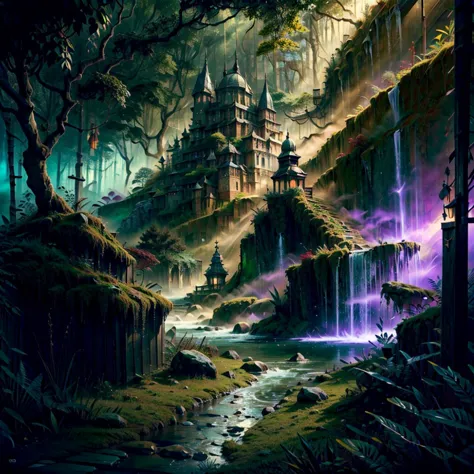 a painting of a castle in the middle of a forest