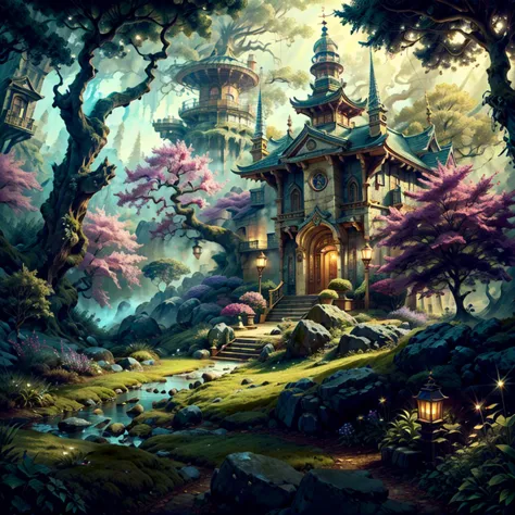 a painting of a castle in the middle of a forest