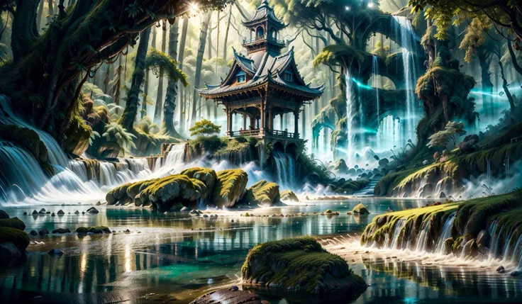 a painting of a pagoda in the middle of a forest