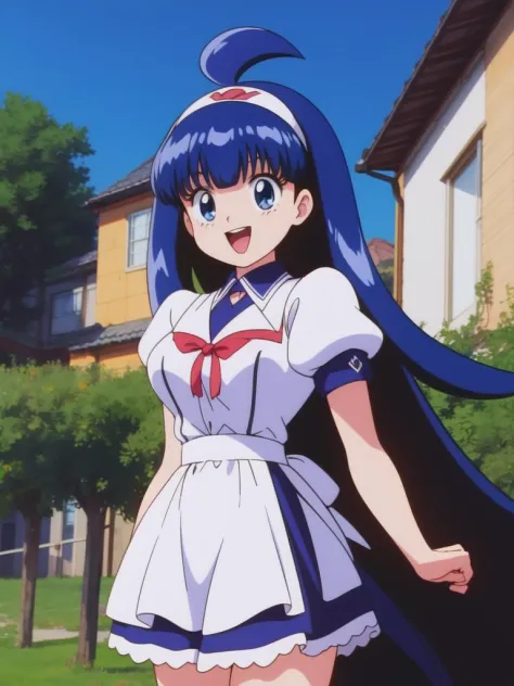 <lora:TsuruginoHikari:0.8> TsuruginoHikari, 1girl, solo, blue hair,  blue eyes,  long hair,   open mouth,  smile, 1990s (style),...