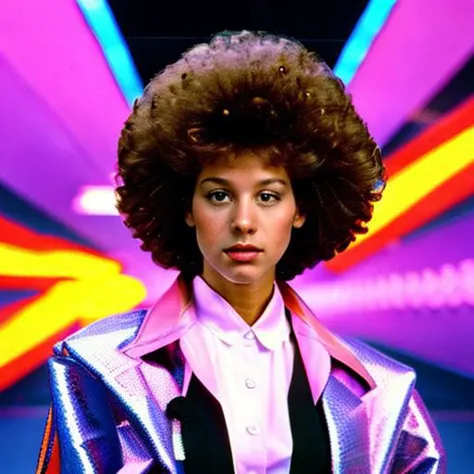 araffe woman with a large afro wearing a shiny jacket and tie