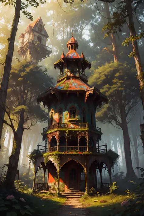 old painting style, abandoned overgrown castle mansion in a forest, oversaturated, princess tower, gazebo, balcony, colorful, highly detailed, high resolution, ray tracing reflections, dramatic lighting, 8k vibrant colors, detailed acrylic, intricate compl...