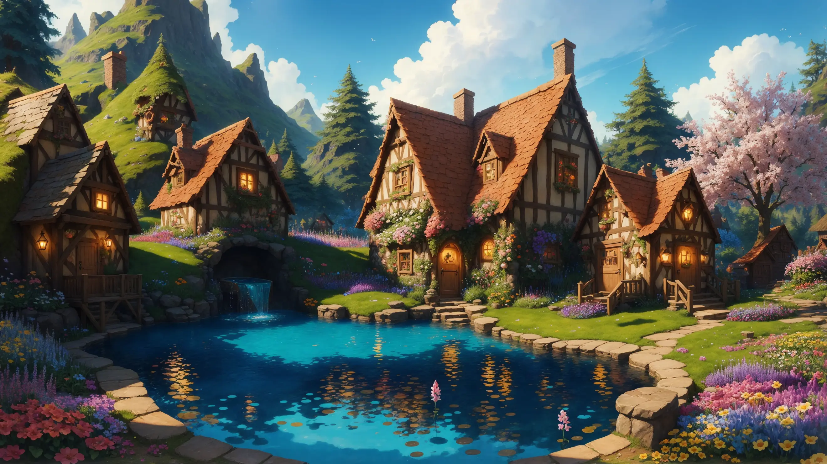 Märchendorf mit Pool in der Mitte, bunt Blumen, Meisterwerk, beste Qualität, Ton, einfaches Design, Pixar-Stil, übersättigt, hyperrealistisch, artgerm, 