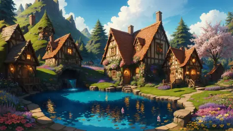fairy village with pool in center, colorfully flowers, masterpiece, best quality, toon, simple design, Pixar style, oversaturated, hyper realistic, artgerm, <lora:epiNoiseoffset_v30:1>