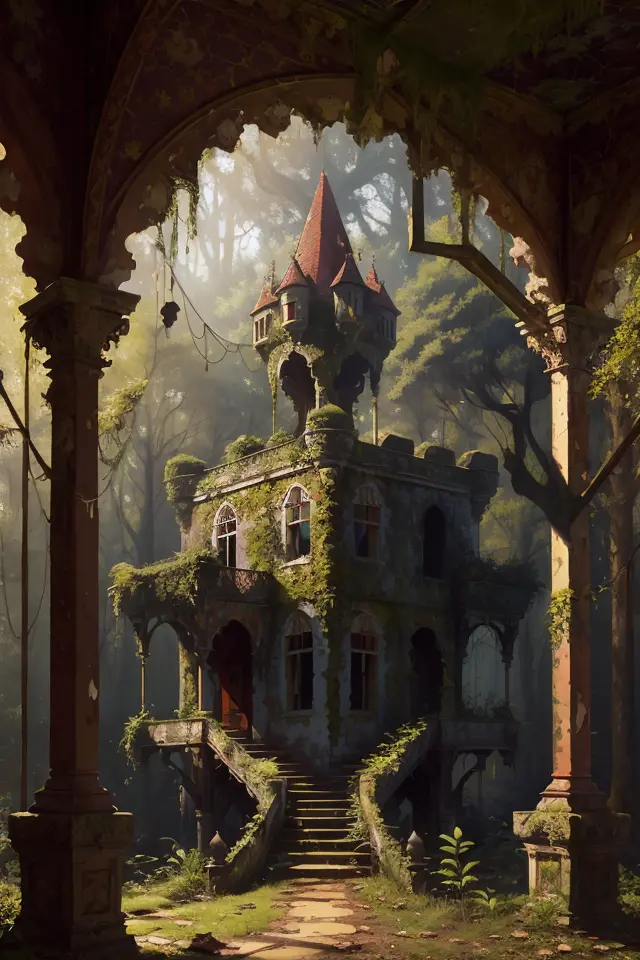 old painting style, abandoned overgrown castle mansion in a forest, oversaturated, princess tower, gazebo, balcony, colorful, highly detailed, high resolution, ray tracing reflections, dramatic lighting, 8k vibrant colors, detailed acrylic, intricate complexity, soft natural volumetric cinematic perfect light, oil painting