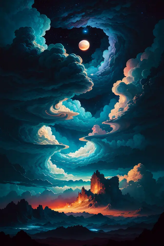Иллюстрация облаков Юпитера Дэна Мамфорда, инопланетный пейзаж и растительность, эпическая сцена, много клубящихся облаков, высокая подверженность, очень подробный, реалистичный, яркие голубые оттенки, UHD