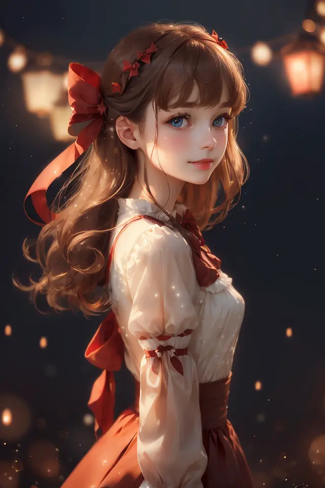 (extremely delicate and beautiful:1.2),1girl, bangs, blue eyes, blurry, blurry background, bow, brown hair, closed mouth, from side, hair between eyes, hair bow, lantern, light particles, long sleeves, looking at viewer, medium hair, night, red bow, solo, star \(symbol\), upper body,smile,red lips