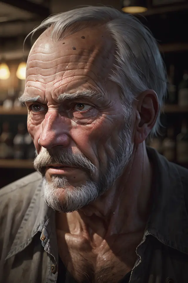Fotografía de un anciano de piel arrugada y barba gris., en un viejo bar, sombrío, malhumorado, ultra realista, Ultra detallado, Fotorrealista