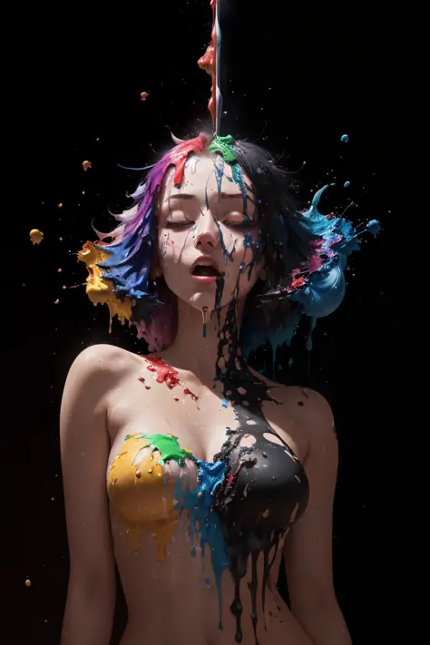 (level difference:1.8),(Paint colliding and splashing on the canvas),(depth of field),1girl's side face blends into it,((side face)),open mouth,(liquid paint rainbow hair:1.1) made of paint and defies gravity,thick flowing,(paint splatter:1.3),Liquid state...