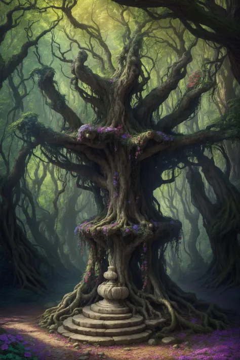 ancient marble tree altar in fairy place, random beautiful colorfully leafs, hyper realistic, knotted roots, magical fairy tale atmosphere, vibrant colors, gnarled trees, fractal multi-colored lush vegetation, natural sunlight, intricate details, realistic...