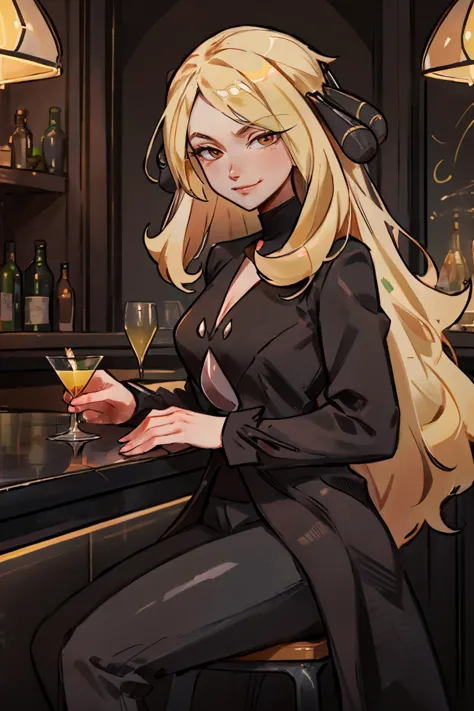 anime girl sitting at a bar with a glass of wine