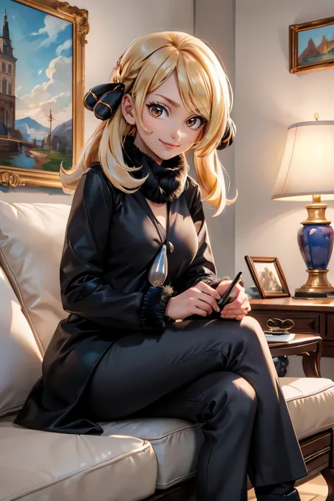 anime girl sitting on a couch with a cell phone in her hand