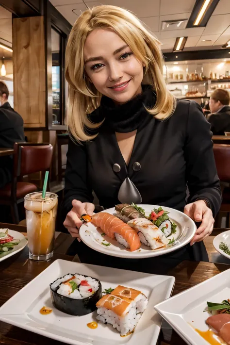 woman holding a plate of sushi and a glass of orange juice