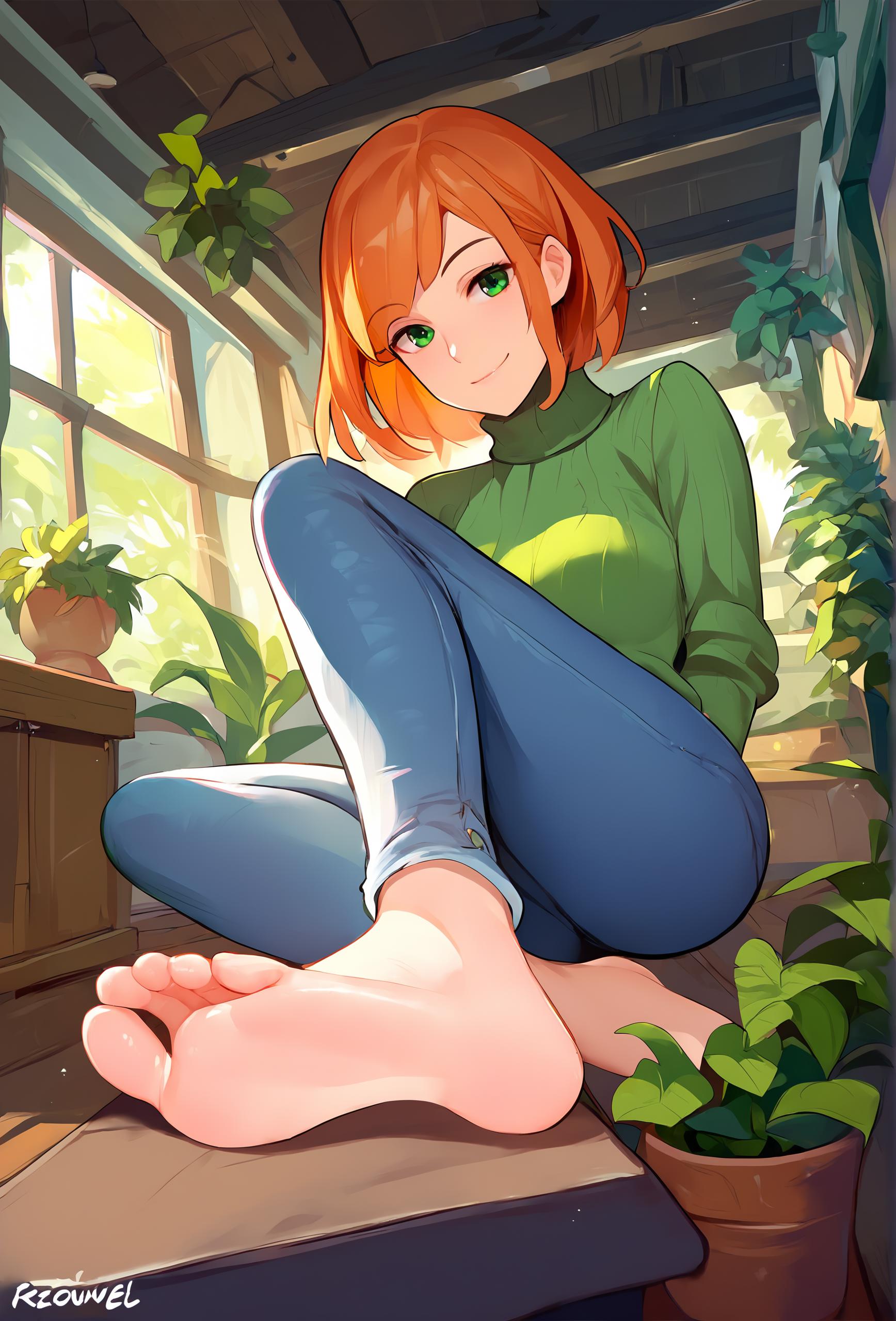 Anime girl in green outfit sitting on a couch in front of a window - SeaArt  AI