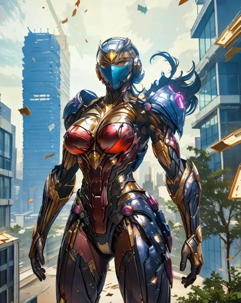 a woman in a futuristic suit standing in front of a city