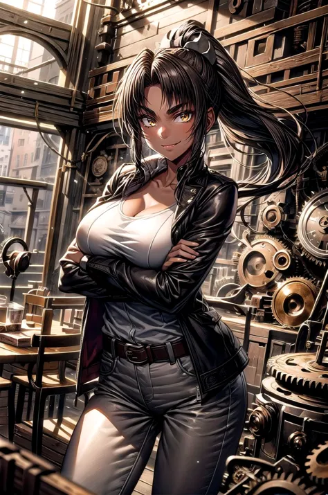 (masterpiece, best quality, detailed), 1girl, solo, looking at viewer, mirabell, dark skin, hair ornament, ponytail,
fedora, bro...