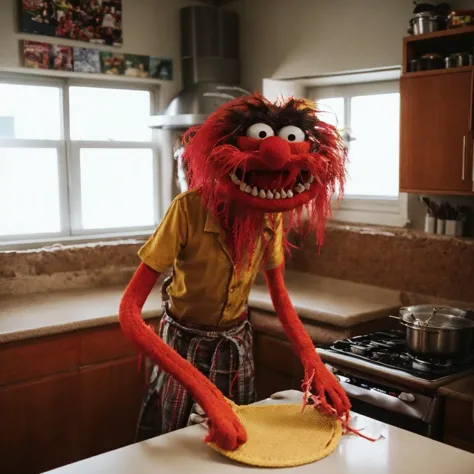 (( a man making diner in a kitchen))<lora:TheAnimalLoRA:1> theanimal, red hair, spiky teeth, bushy eyebrows, red full beard, collar with spikes, wristband with chains