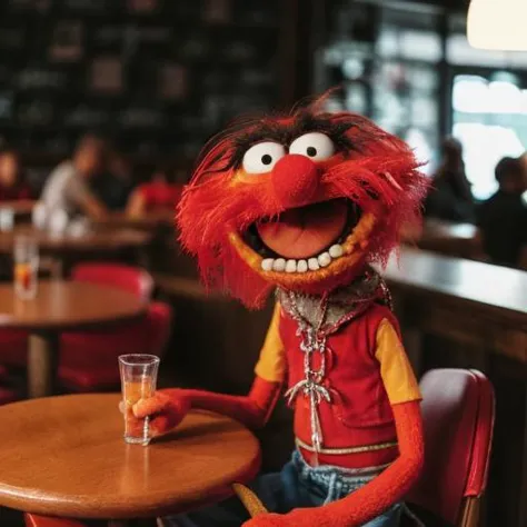 a man sitting in a cafe<lora:TheAnimalLoRA:1> theanimal, red hair, spiky teeth, bushy eyebrows, red full beard, collar with spikes, wristband with chains