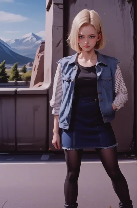 a woman in a denim vest and black tights standing in front of a building