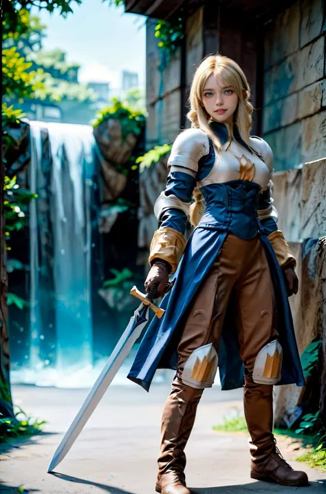 a woman in a cosplay outfit holding a sword and a sword