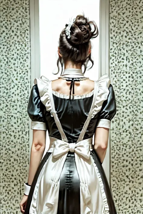 there is a woman in a maid outfit standing in front of a mirror