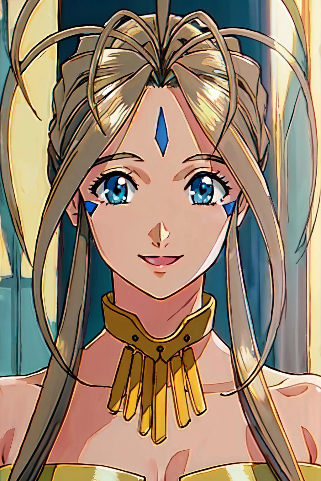 Belldandy, bust shot,
(best quality, masterpiece, RAW photo,ultra-detailed:1.2), 1girl,solo,looking at viewer,smile,