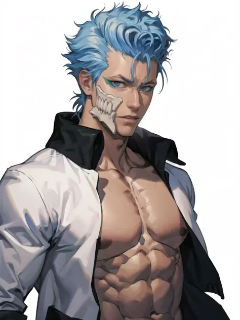 best quality, masterpiece, highres, 1boy,male,solo,upper body,  <lora:bleach_jaegerjaquez-10:1>,grimmjow, muscular, pectorals,open clothes, jacket,blue hair