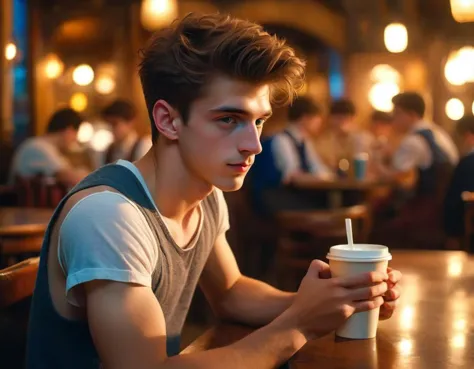 1boy, solo focus, masterpiece, best quality, highres, realistic, homoerotic American thirteen-year-old twunk holding a coffee cu...
