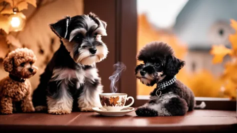 cinematic photo A color schnauzer puppy and a tom-poodle puppy drinking tea. postcard. invitation. autumn
cinematic photo
. 35mm...