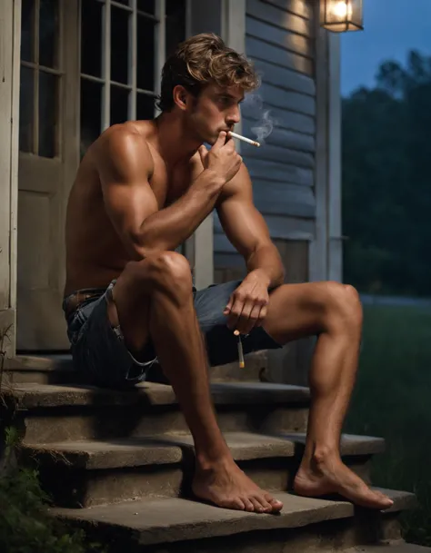 (masterpiece, best quality), Dark photograph, homoerotic, a shirtless average young man, redneck, smoking cigarette, sitting on ...