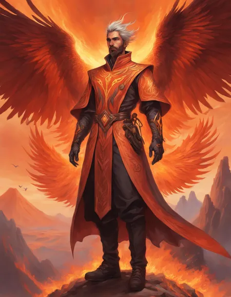 (35-летний мужчина-маг, Футуристическая фашистская униформа мага:1.1),
пик феникса, огненное небо, парящие птицы, мифический вулкан