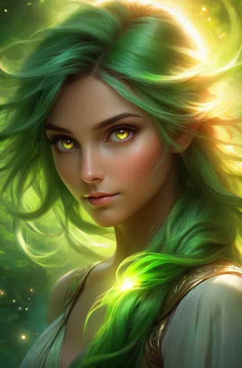 ethereal fantasy concept art of  Hyperrealistic art green-haired girl in glowing brown eyes, side light combined with accent lig...