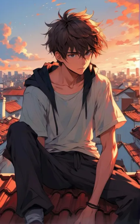 A anime young man on a rooftop painting, impeccably executed, trending on ArtStation., anime absurdres illustration, drawing, (l...