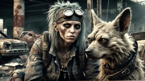 Hyperrealistic art Grunge style post-apocalypse, human survivalist with a mutant animal companion. . Textured, distressed, vintage, edgy, punk rock vibe, dirty, noisy . Extremely high-resolution details, photographic, realism pushed to extreme, fine texture, incredibly lifelike