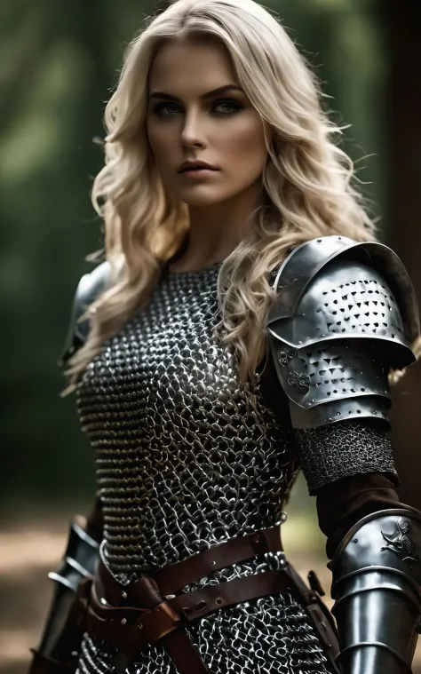 cinematic photo Hyperrealistic art a woman in a chain dress holding a sword, female medieval knight, bikini armor female knight,...