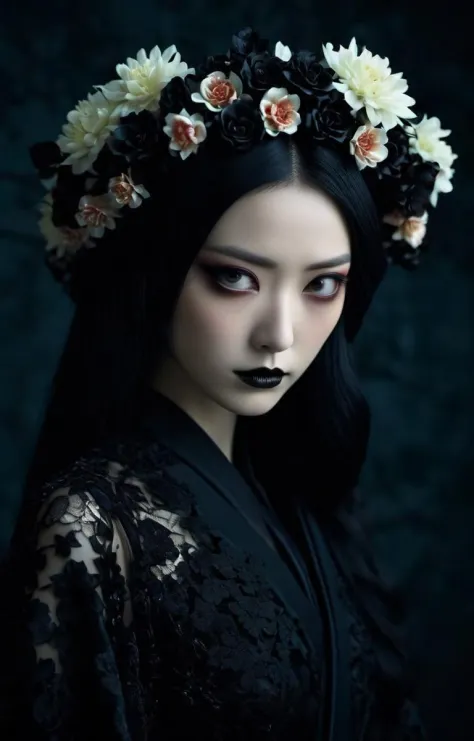 cinematic photo Gothic style.Hyperrealistic art a woman in a black dress and a flower crown, japanese gothic, takato yamamoto ae...