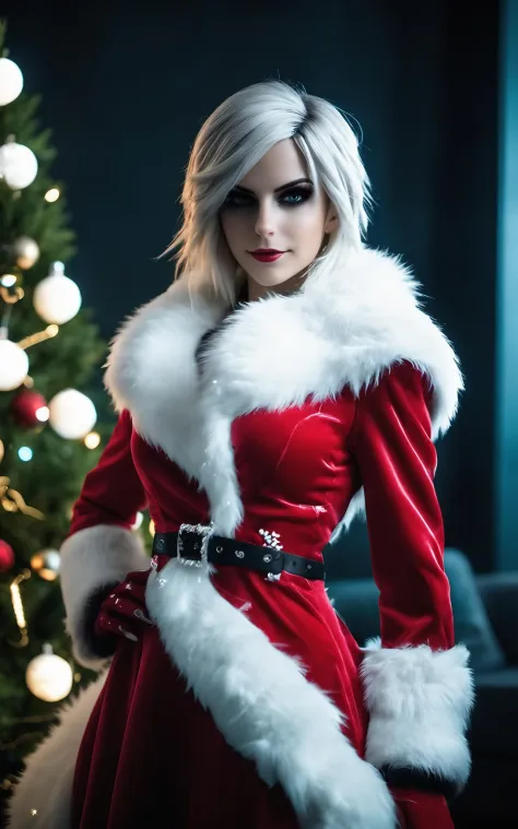 cinematic photo  Hyperrealistic art a woman in a red dress and white fur coat posing in front of a Natal tree, Natal, mais 2 b, santa, dilacerado from league of legends,  festivo, dilacerado, Nevado, roupa de diabo muito sexy, makoto kano, better known as amoranto, amoranto, pirrol escarlate . Fotografia 35mm, film, Bokeh, profissional, 4K, Altamente detalhado