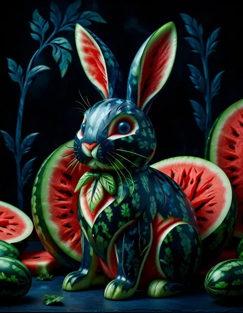 there is a watermelon rabbit sitting next to a bunch of watermelon