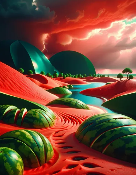 ral-wtrmln, professional 3d rendering, landscape of a (dune:1.1) , it is very timeless, dense lake, thunderstorm, fauvism, lomog...