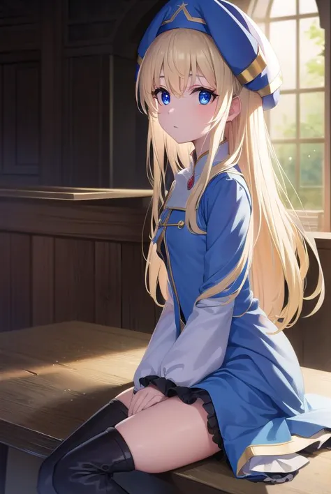 priestess, priestess, blonde hair, blue eyes, long hair, hair between eyes, (small breast:1.2),
BREAK boots, dress, frilled sleeves, frills, hat, high heels, robe, thigh boots, thighhighs, white thighhighs, long sleeves, puffy sleeves,
BREAK looking at viewer,
BREAK indoors, church,
BREAK (masterpiece:1.2), best quality, high resolution, unity 8k wallpaper, (illustration:0.8), (beautiful detailed eyes:1.6), extremely detailed face, perfect lighting, extremely detailed CG, (perfect hands, perfect anatomy),