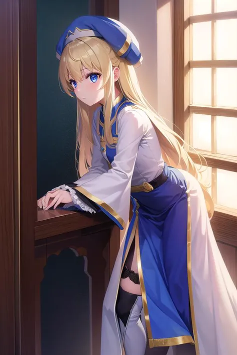 priestess, priestess, blonde hair, blue eyes, long hair, hair between eyes, (small breast:1.2),
BREAK boots, dress, frilled sleeves, frills, hat, high heels, robe, thigh boots, thighhighs, white thighhighs, long sleeves, puffy sleeves,
BREAK looking at viewer,
BREAK indoors, church,
BREAK (masterpiece:1.2), best quality, high resolution, unity 8k wallpaper, (illustration:0.8), (beautiful detailed eyes:1.6), extremely detailed face, perfect lighting, extremely detailed CG, (perfect hands, perfect anatomy),