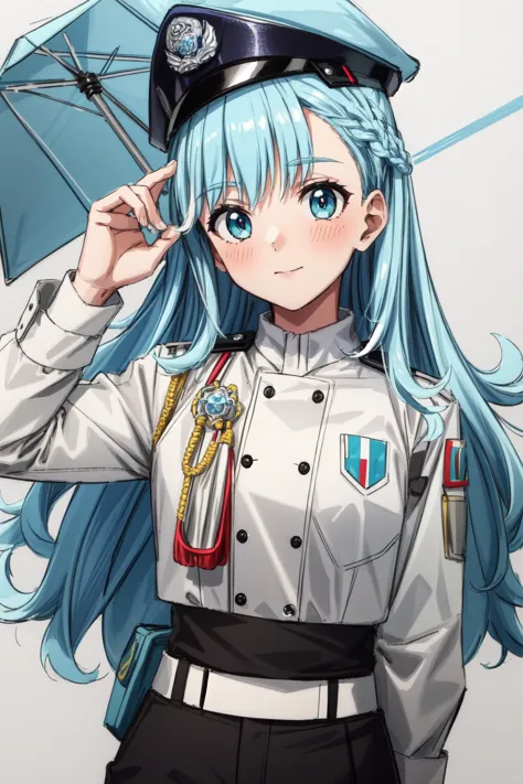 (masterpiece, best quality),  intricate details,
1girl, Kobo, Multicolored hair, Aqua eyes,   kobo kanaeru, light blue hair, white hair tips, 
 Thai police uniform, 
 