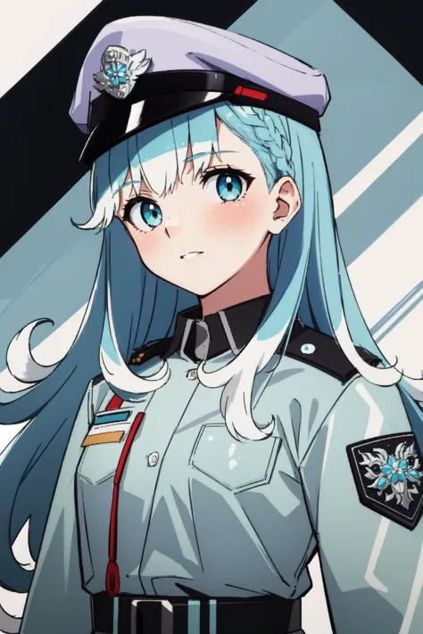 (masterpiece, best quality),  intricate details,
1girl, Kobo, Multicolored hair, Aqua eyes,   kobo kanaeru, light blue hair, white hair tips, 
 Thai police uniform, 
 