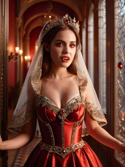 Une belle jeune vampire se promène dans les couloirs d&#39;un vieux palais, montrant ses dents de vampire avec la bouche ouverte, mains écartées, sa beauté et son élégance ne sont surpassées que par sa robe faite des meilleurs ral-crztlgls, les moindres détails ornent la robe et ses cheveux, un voile délicat l&#39;entoure, la douce lumière se niche de manière onirique autour de son être, une scène chaleureuse qui aurait pu sortir d&#39;un conte de fées, elle est l&#39;incarnation de la pureté virginale, à minuit, bijoux, palette de couleurs rouge et marron foncé et or irisé, diverses poses magiques, style gothique, faiblement éclairé, éclairage de jante, haute résolution, Meilleure qualité, 4k, ultra-détaillé 