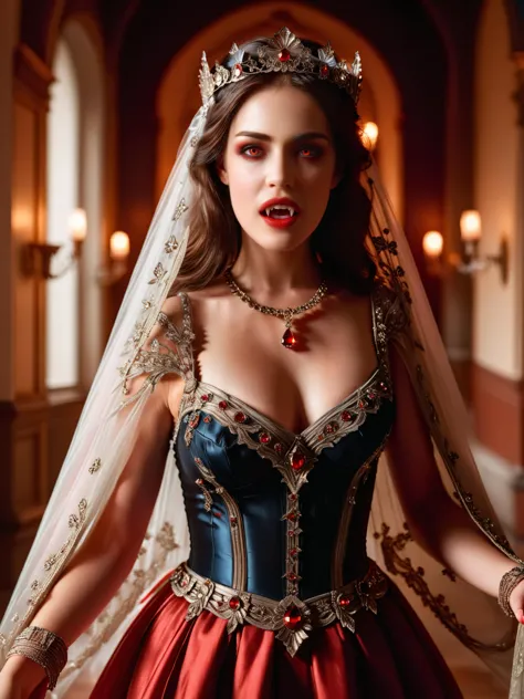 Una bella joven vampira camina por los pasillos de un antiguo palacio mostrando sus dientes de vampiro con la boca abierta, manos separadas, su belleza y elegancia sólo es superada por su vestido confeccionado con los mejores ral-crztlgls, Los más finos detalles adornan el vestido y su cabello., un velo delicado la rodea, la suave luz se acurruca como un sueño alrededor de su ser, una cálida escena que podría haber surgido de un cuento de hadas, ella es el epítome de la pureza virginal, a la medianoche, joyas, combinación de colores rojo y marrón oscuro y dorado iridiscente, varias poses mágicas, Estilo gótico, débilmente iluminado, iluminación del borde, Alta resolución, mejor calidad, 4k, ultra detallado 