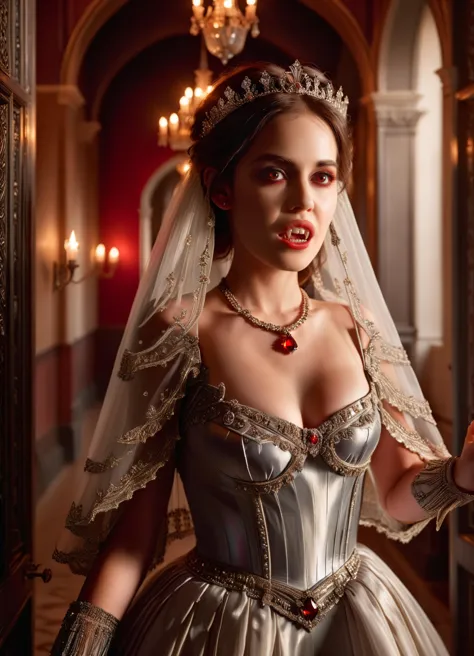 Una bella joven vampira camina por los pasillos de un antiguo palacio mostrando sus dientes de vampiro con la boca abierta, manos separadas, su belleza y elegancia sólo es superada por su vestido confeccionado con los mejores ral-crztlgls, Los más finos detalles adornan el vestido y su cabello., un velo delicado la rodea, la suave luz se acurruca como un sueño alrededor de su ser, una cálida escena que podría haber surgido de un cuento de hadas, ella es el epítome de la pureza virginal, a la medianoche, joyas, combinación de colores rojo y marrón oscuro y dorado iridiscente, varias poses mágicas, Estilo gótico, débilmente iluminado, iluminación del borde, Alta resolución, mejor calidad, 4k, ultra detallado 