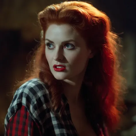 cinematic film still of  <lora:vampire fangs teeth 2:1.2>
frank frazetta painting of a  Female Vampire a vampire woman with red hair and a plaid shirt and Vampire Fangs Teeth staring at camera with a spot light on behind in back, shallow depth of field, vignette, highly detailed, high budget, bokeh, cinemascope, moody, epic, gorgeous, film grain, grainy