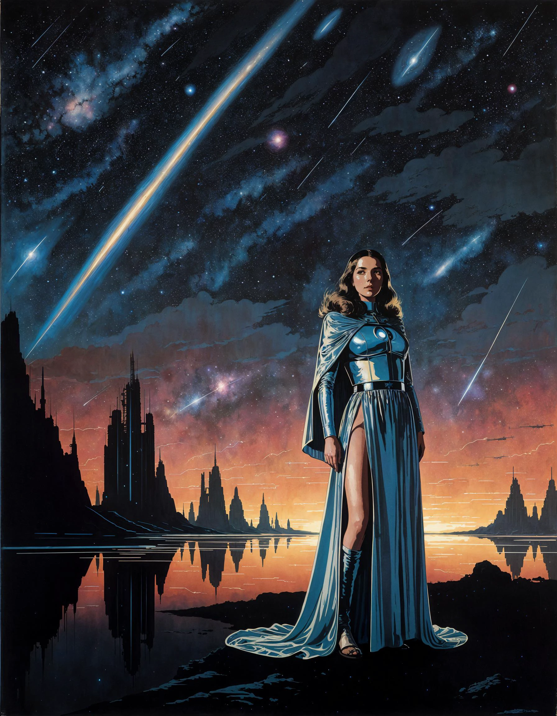 retro illustration, art, painting, sci-fi, science fiction, retrofuturism, 1970 style, Woman in survival gear, (long plastic tunic:1.1), large reflective cape, art by Bruce Pennington, exploring, (starry sky:1.1), (glass trim:1.1), poncho, (erotica:1.2), cleavage cutout, (long skirt:1.2), front slit