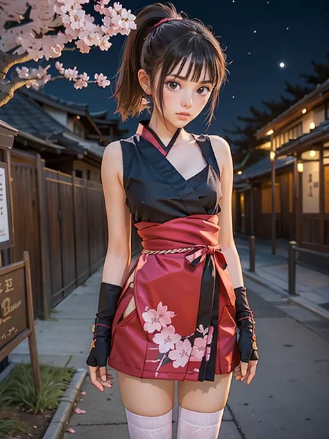 (masterpiece,ultra-detailed,best quality,8K,CG,illustration,shaved:1),(petite girl:1.2),temple,cherry blossom,night,moon,
<lora:kunoichi v1.0:0.6>,jyojifuku,kimono,kuniichi,gloves,thighhighs,ponytail,<lora:Hoshizaki_Ao_v10:0.7>,tou,